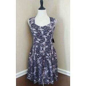 NWT Modcloth Ixia Navy Blue Ivory & Red Floral Paisley Skater Dress w Pockets S